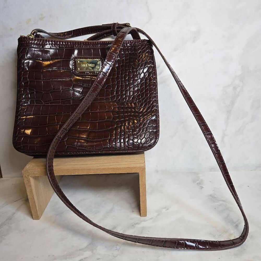 Nine West Kiss-Poptop Brown Crossbody Croc Alligator Bag